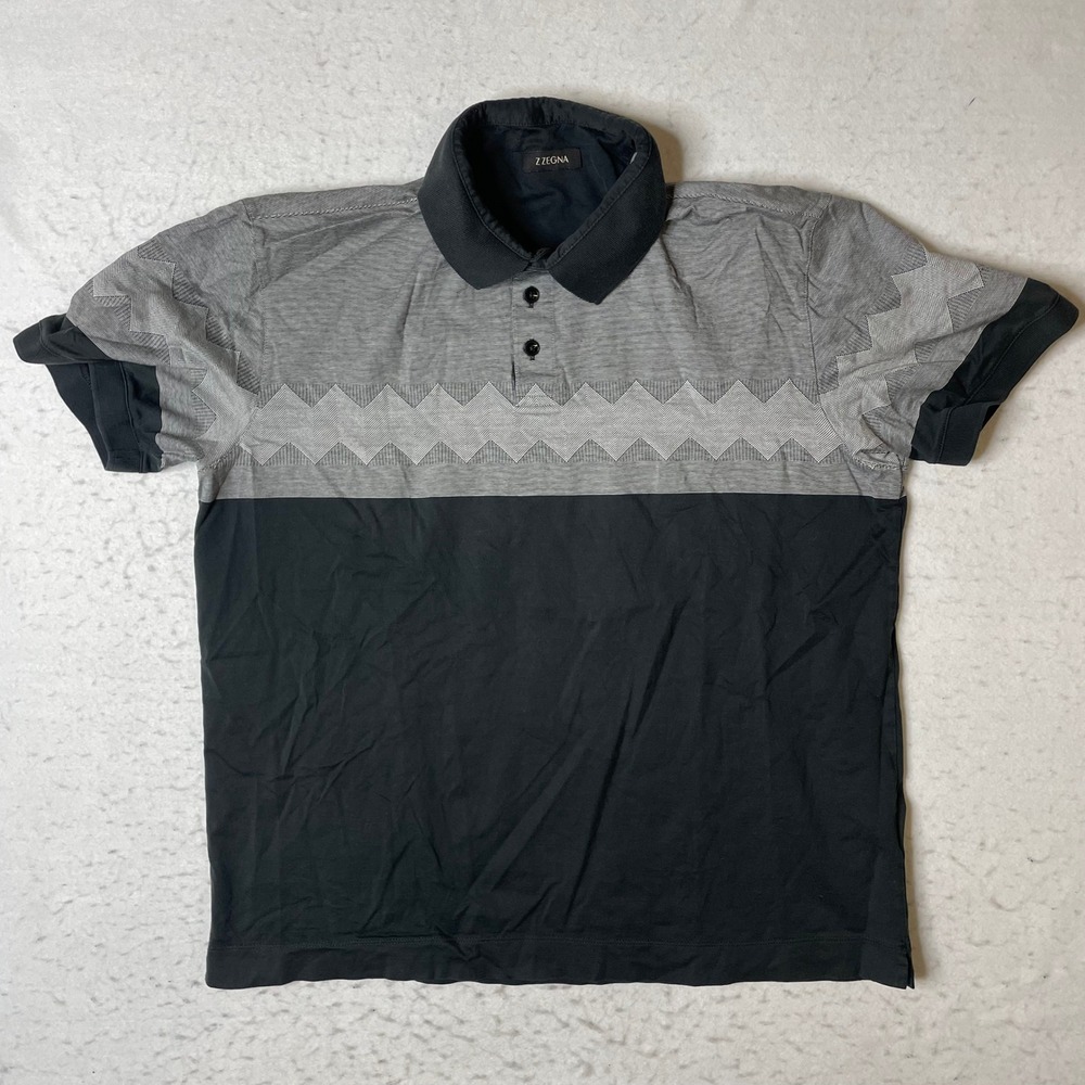 Z Zegna Mens Polo Shirt‎ Large Black Gray Zig Zag Colorblock Cotton VP333 ZZ733